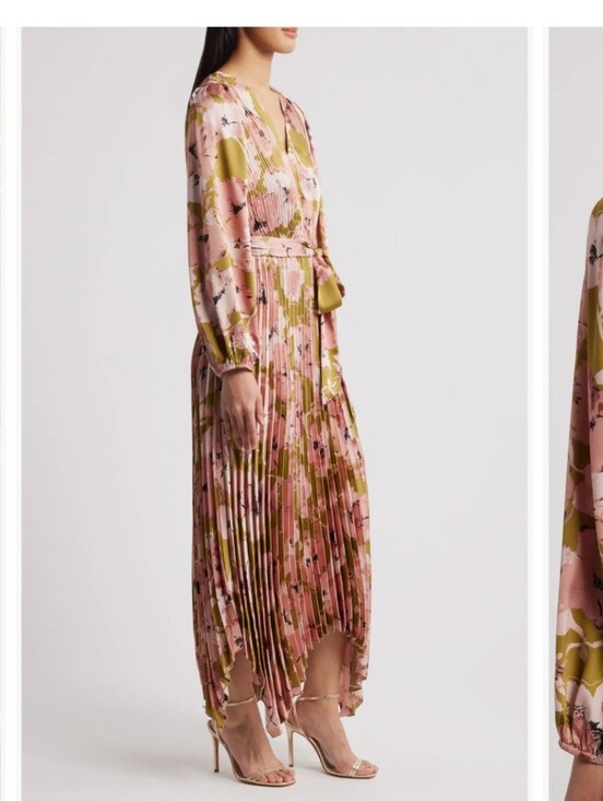 MELLODAY Dresses & Skirts - MELLODAY Pink Floral Pleated High-Low Midi Dress with Olive Accents